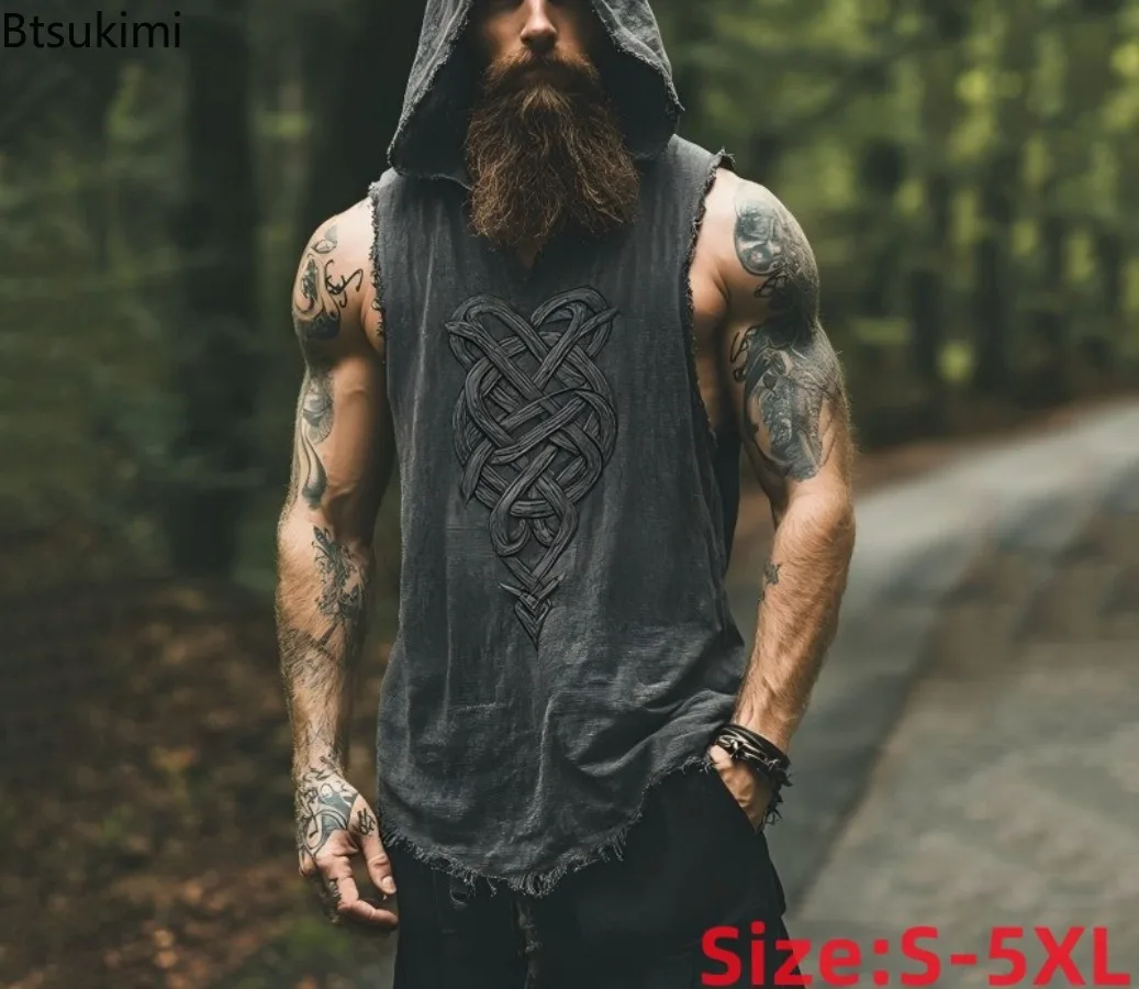 New Men's Fashion Linen Sleeveless Hooded Tank Top Summer Male 3D National Ethnic Digital Printing Crew Neck Casual Vest T-shirt