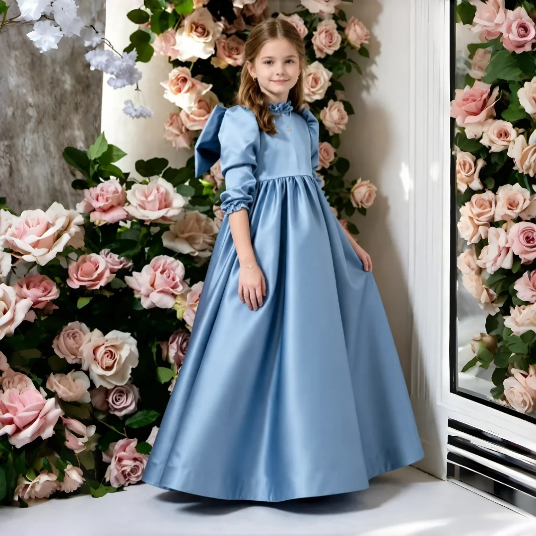 Girls Ivory Flower Girl Dress Long Sleeve Ruffle High Neck A Line Floor Length Kids Wedding First Communion Pageant Formal Gown