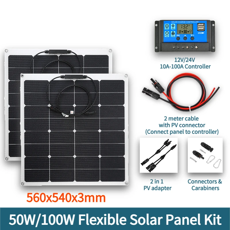 50W 100W Solar Panel 18V Flexible Solar Panel with Connector Solar 10-100A Controller for Phone Car RV Boat Charger