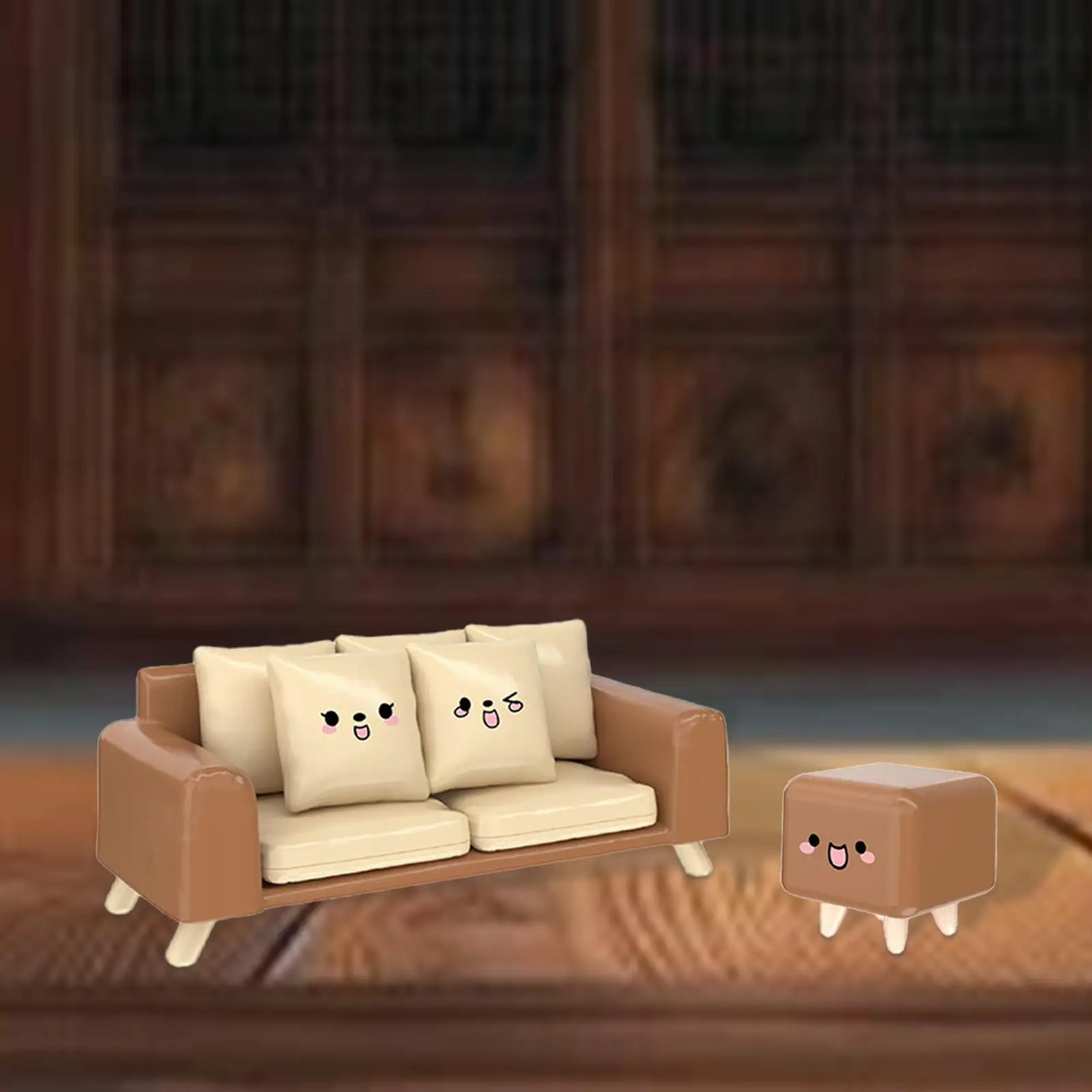 Cute Miniature Dollhouse Sofa and Stool Set Simulation Furniture for Dolls Living Room Bedroom Decoration