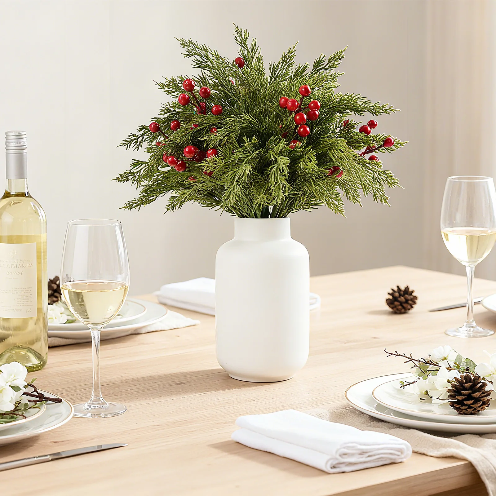 

17.7 Inch Christmas Pine Berry Stems Artificial Greenery Bouquet for Holiday Table, Mantel, and Wreath Decor