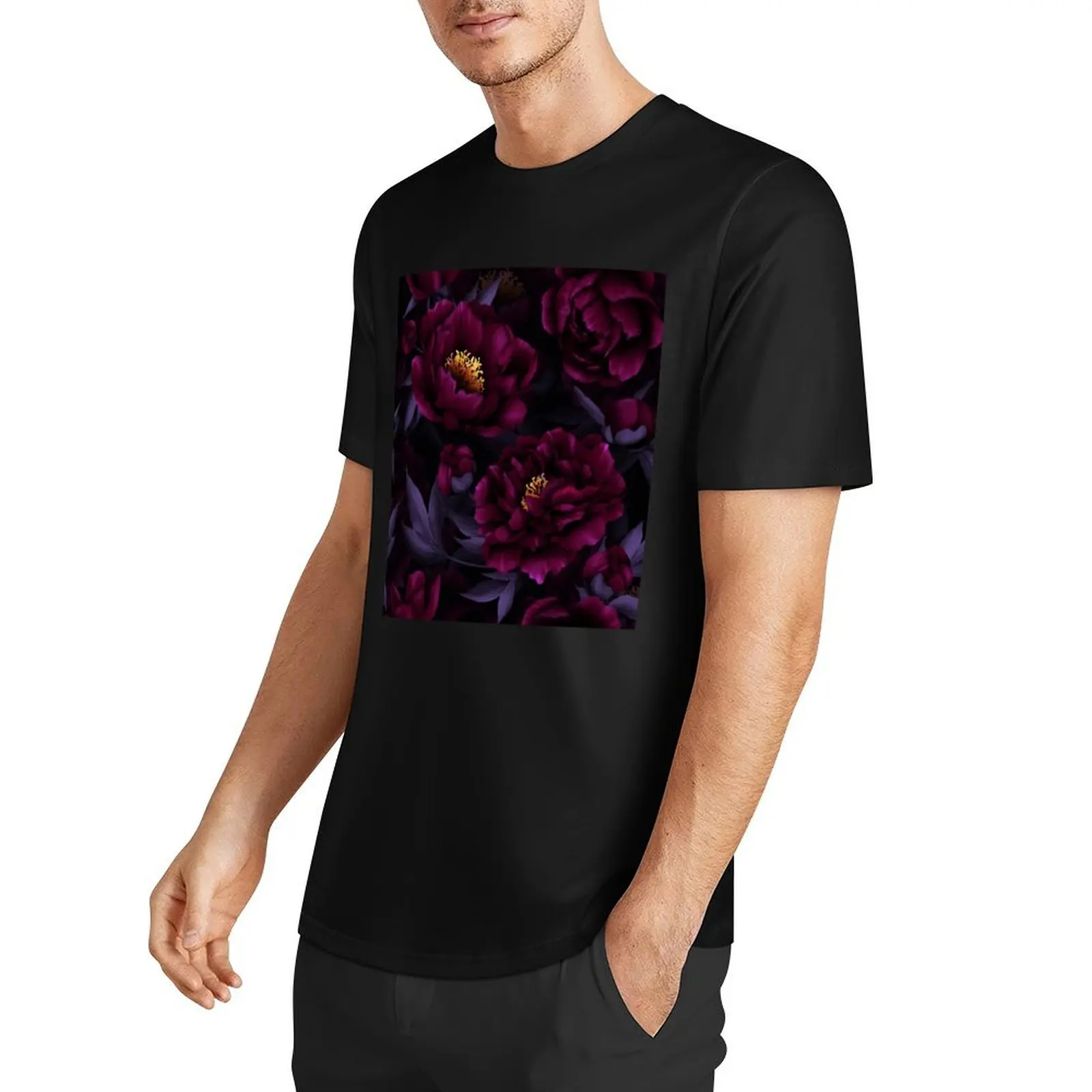 Purple Hand Drawn Watercolor Peonies Pattern Botanical Night Garden T-Shirt Short sleeve tee cute tops shirts men