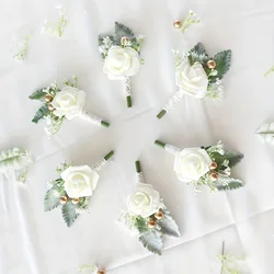 1/6pcs Milky White Vintage Wedding Bride And Groom Corsage Bridesmaid Rose Wrist Flowers Homecoming Prom Corsage Flowers