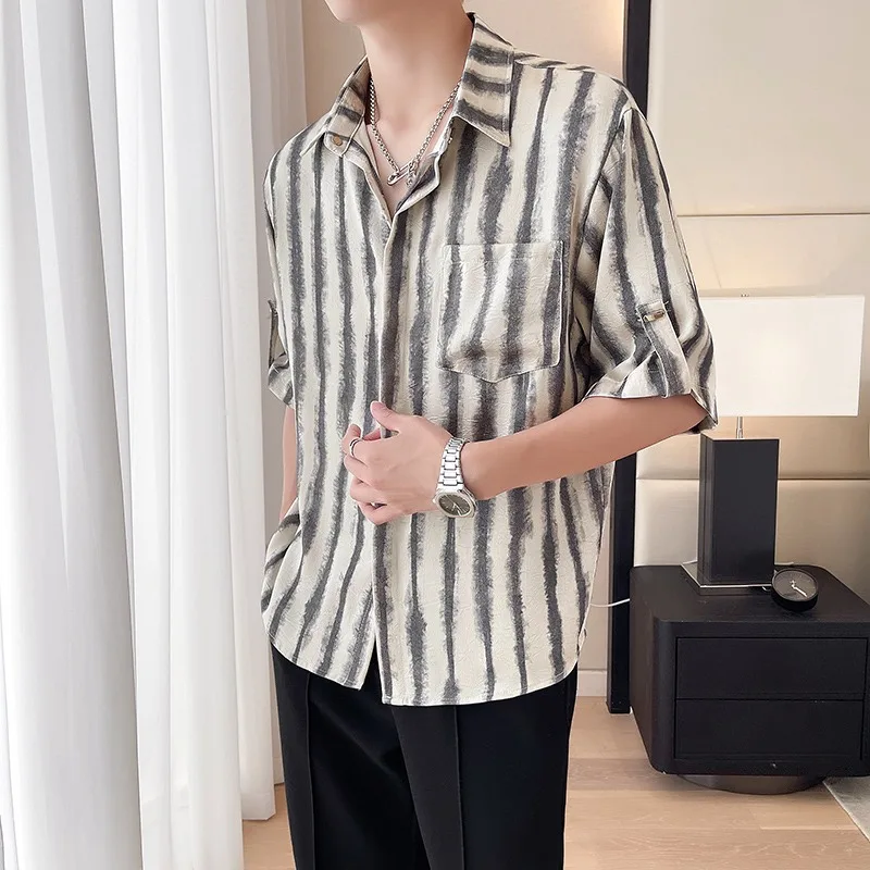 2024 Zomer Mesh Koele Halve Mouwen Shirts Heren Strepen Losse Casual Shirt Mode Veelzijdige Tops Social Streetwear Shirt