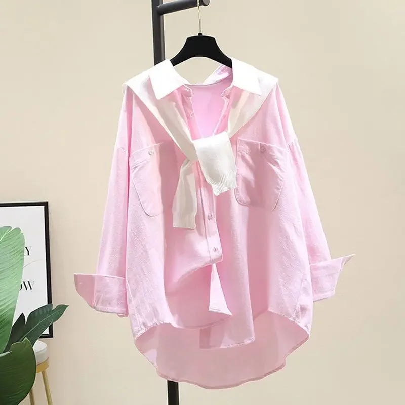 

Spring Autumn Shirts Women White Shawl and Fashion Shirt Two Piece Sets 2025 Trend Blouse Korean Loose Casual Long-sleeved Tops