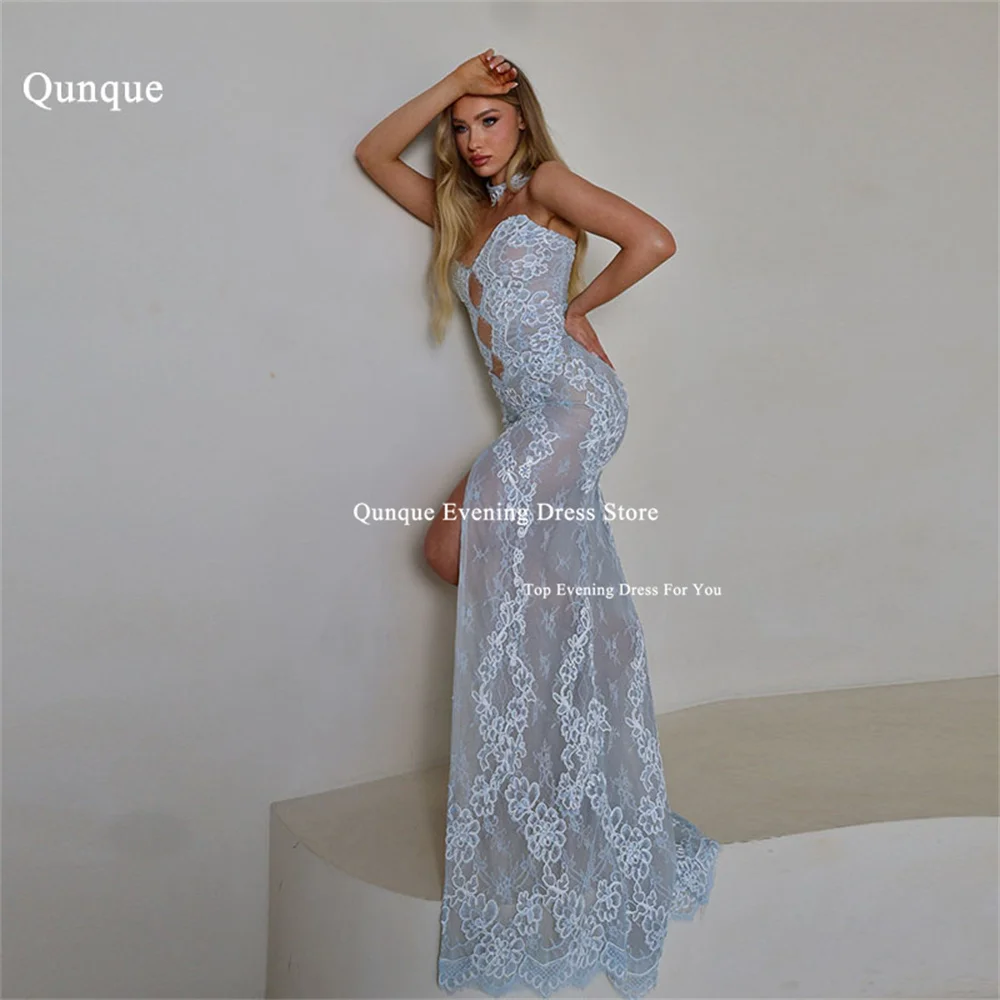 Qunque Luxury Lace Appliques Evening Dresses Sky Blue Mermaid Woman Wedding Party Attire High Slit Vestidos De Fiesta Customized