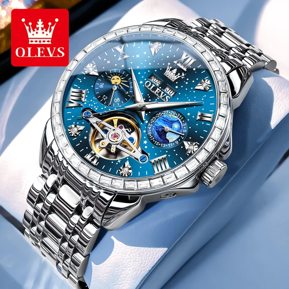 OLEVS 6712 Luxury Men's Watches Full Diamond Bezel High-Quality Wristwatch Waterproof Moon Phase Automatic Mechanical Watch Men