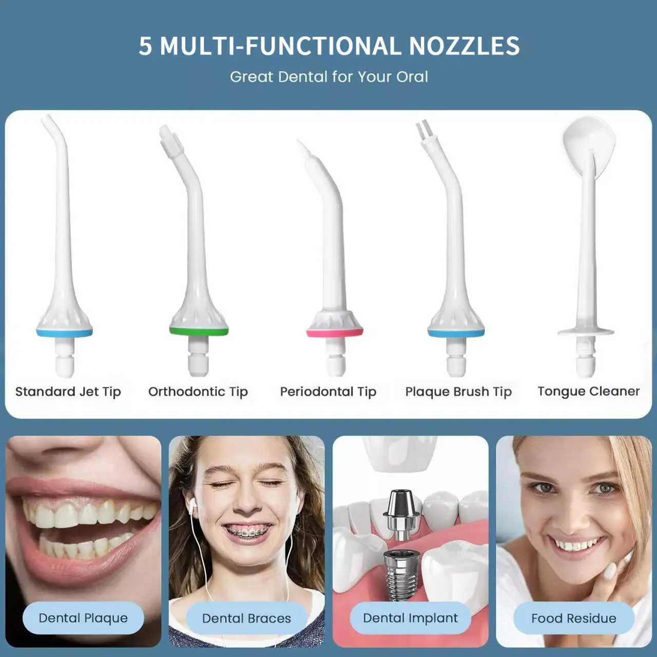 جهاز ري فموي محمول مع 5 رؤوس بديلة ، منظف أسنان قابل لإعادة الشحن ، حزام مقاوم للماء IPX7 ، منظف للفم ، سفر عائلي