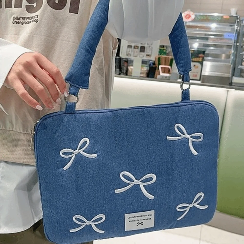 Modern Fashion Computer Bag Bowknot Embroidered Shockproof Laptop Sleeve Soft 14 Inches Computer Handbag College