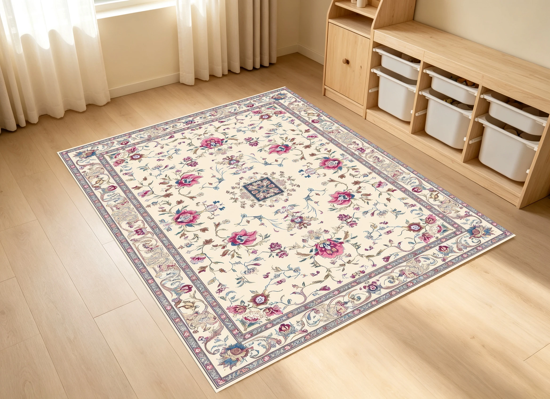 2D Large Carpet in Off-White and Pink Tones, Retro Floral Style, European Style, Soft and Comfortable, Suitable for