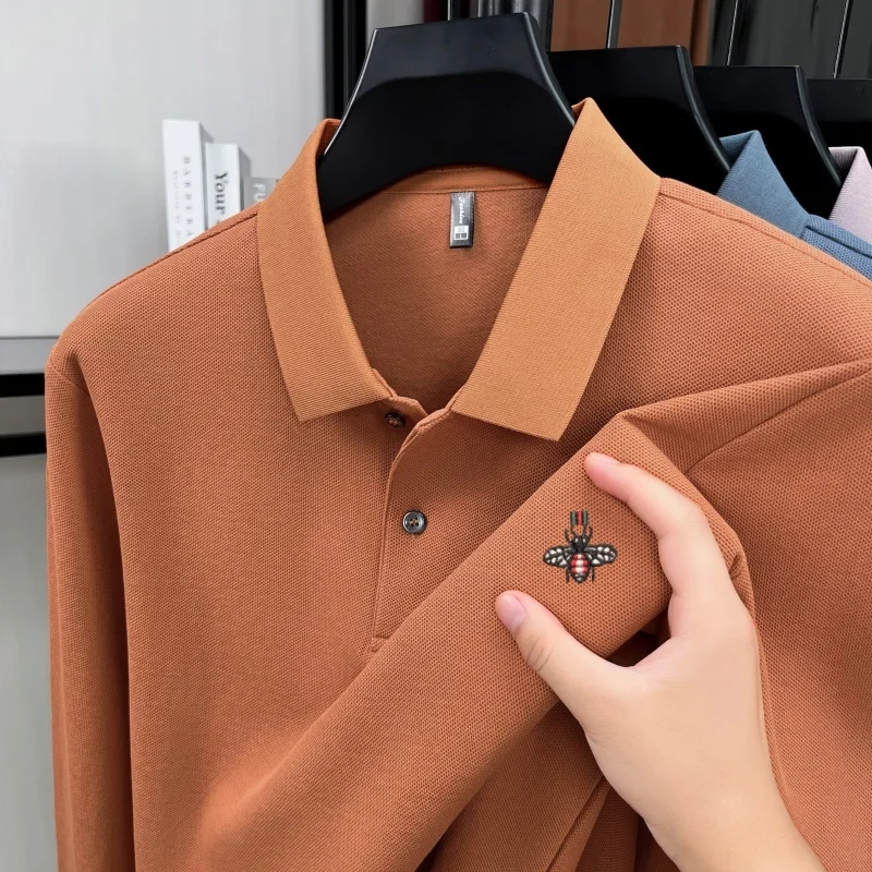 Fashion bee embroidery long sleeve 100%cotton polo shirt men's high-end brand skin friendly comfort solid color new item T-shirt