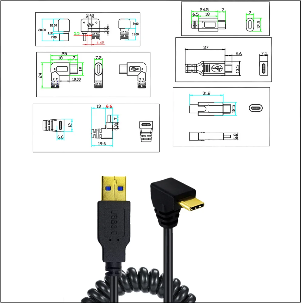 Cavo di prolunga a molla placcato oro Cavo di collegamento per ricarica dati da USB 3.0AM a tipo C per computer, laptop, telefono cellulare