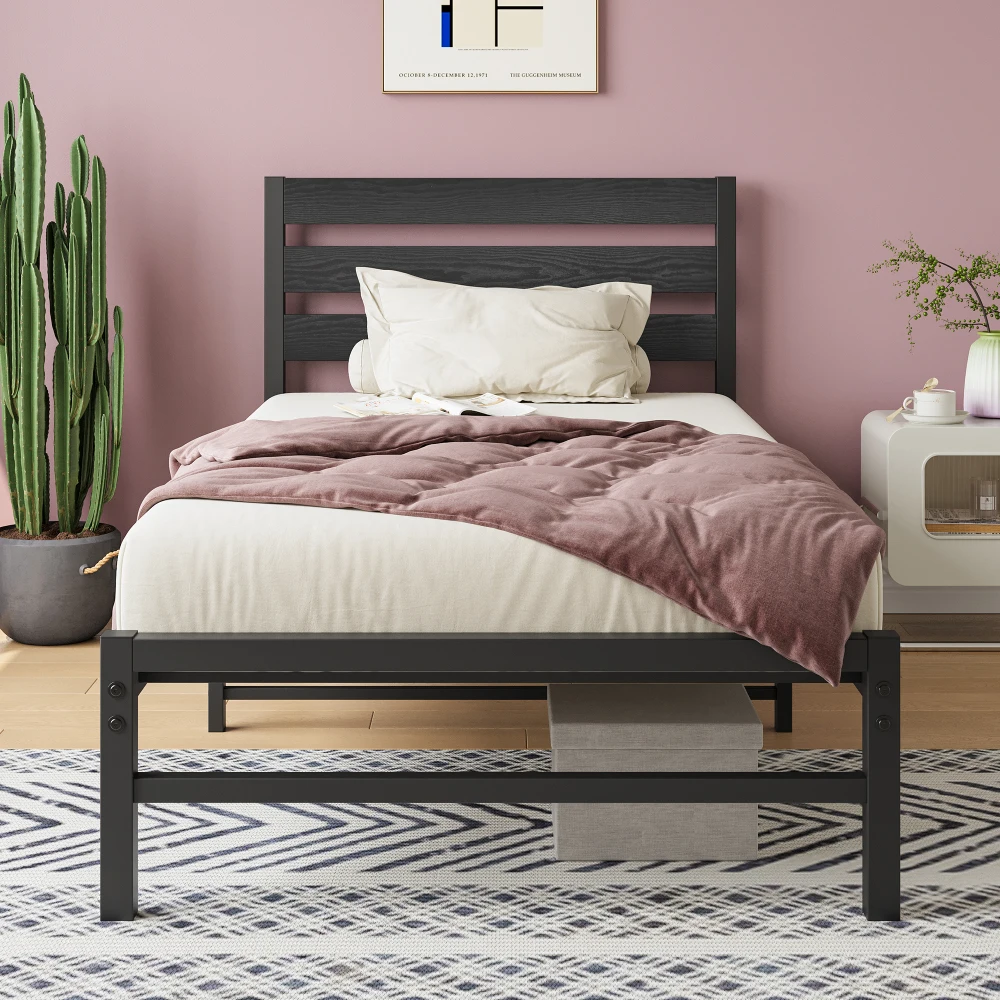 Twin Size Platform Bed Frame with Rustic Vintage Wood Headboard, No Box Spring Needed Black bed frame queen  furniture bedroom