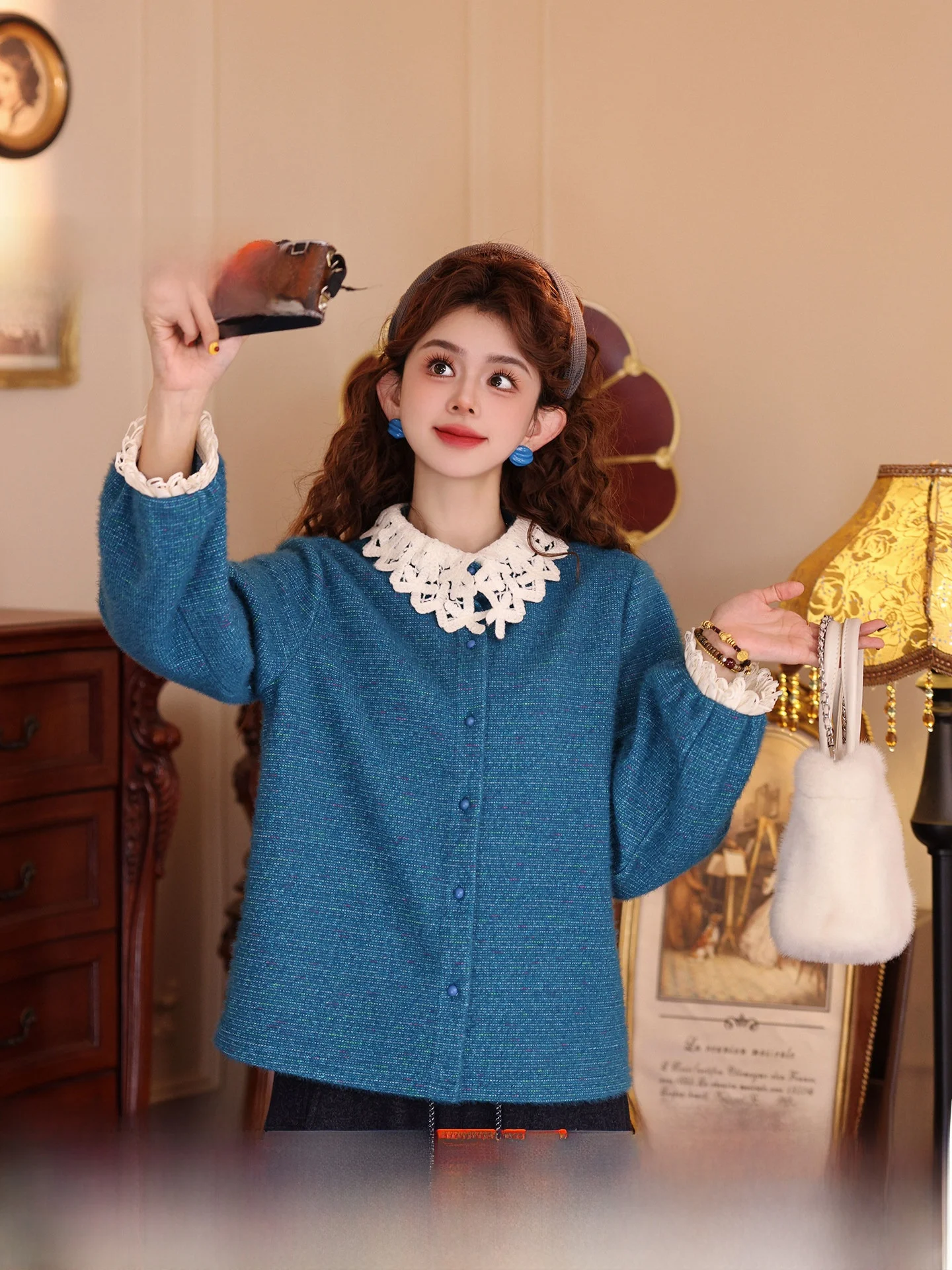 

Blue Thiened Long Sve irt Women's Autumn Winter Patchwork Collar Casual Loose Fit Polyester Blend Faion Top