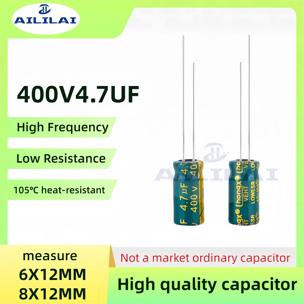 50PCS Original 400v4.7uf Low ESR/Impedance High Frequency 400V 4.7UF Aluminum Electrolytic Capacitor 400V4.7UF Size: 6X12/8X12MM