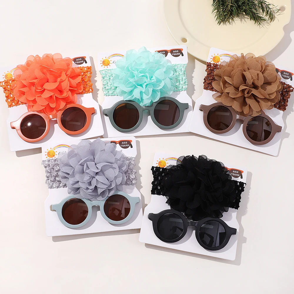 2Pcs/Set Cotton Baby Headband  Sunglasses Set Kids Girls Cute Vintage Sun Glasses Cool Headwear Hair Accessories Gifts