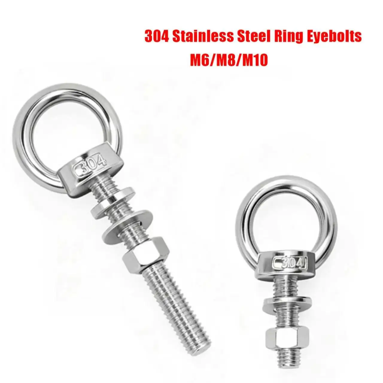 1/2pcs M6 M8 M10 Ring Eyebolts with Nut Washer Gaksets Set 304 Stainless Steel Bolts Marine Lifting Ring Screws and Nuts