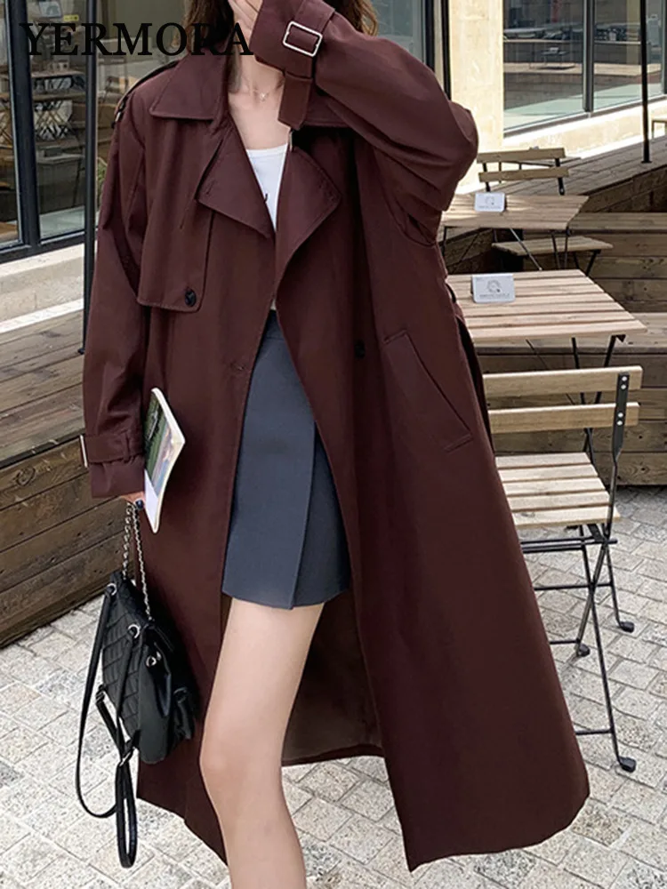 

YERMORA Red Belted Big Size Casual Trench For Women Lapel Long Sleeve Loose New Windbreaker Fashion Tide Spring Autumn 2025