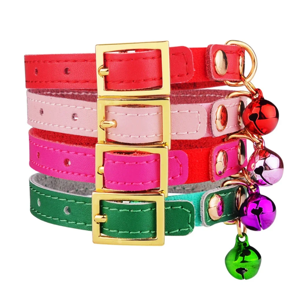 Soft Genuine Leather Cat Collar With Bells Kitty Collars Safety Elastic Band Pet Puppy Necklace Accessories  Adjustable XS S