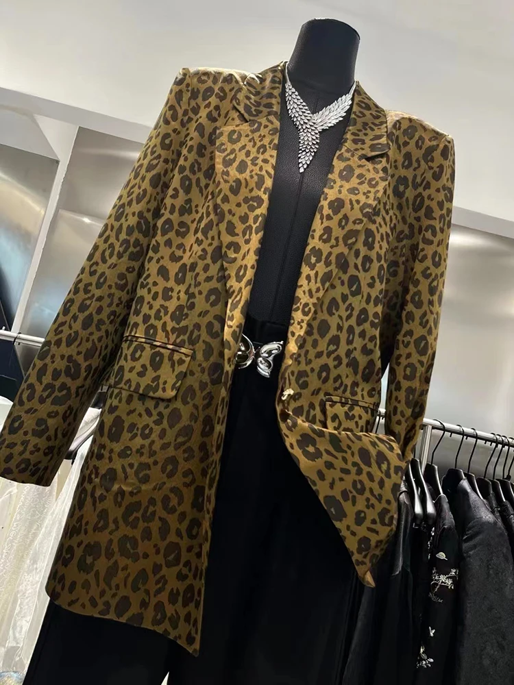 TWOTWINSTYLE Hit Color Leopard minimalistyczne marynarki dla kobiet karbowany kołnierzyk z długim rękawem łączone kieszenie płaszcz moda damska