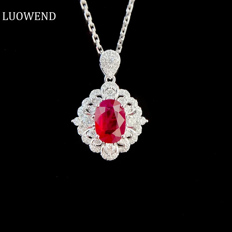 

LUOWEND 18K White Gold Necklace Luxury Design Natural Ruby Real Diamond Shiny Gemstone Necklace for Women High Wedding Party