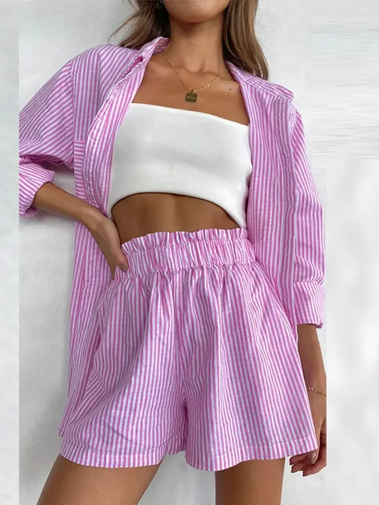 Stripe Cotton Linen Print Two Piece Sets Summer Loose Single Breasted Turn-down Collar Suits New Casual Comfortable Home Outfits