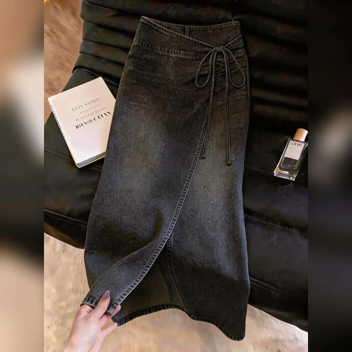 Black Gray Denim Skirt Women Drawstring Lace-up Split-ended High Waist Long Skirts