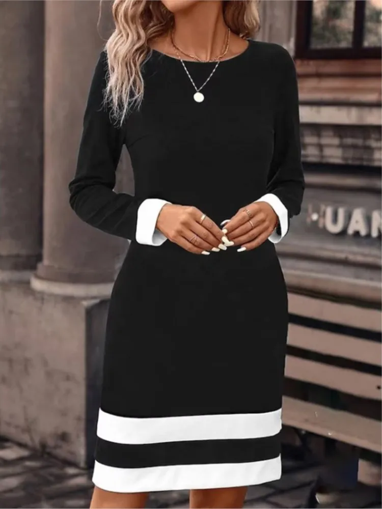 Autumn Women\'s Dress Long Sleeve O Neck Stripe Matching Slim Dresses For Women Winter Office Ladies Dress Vestidos