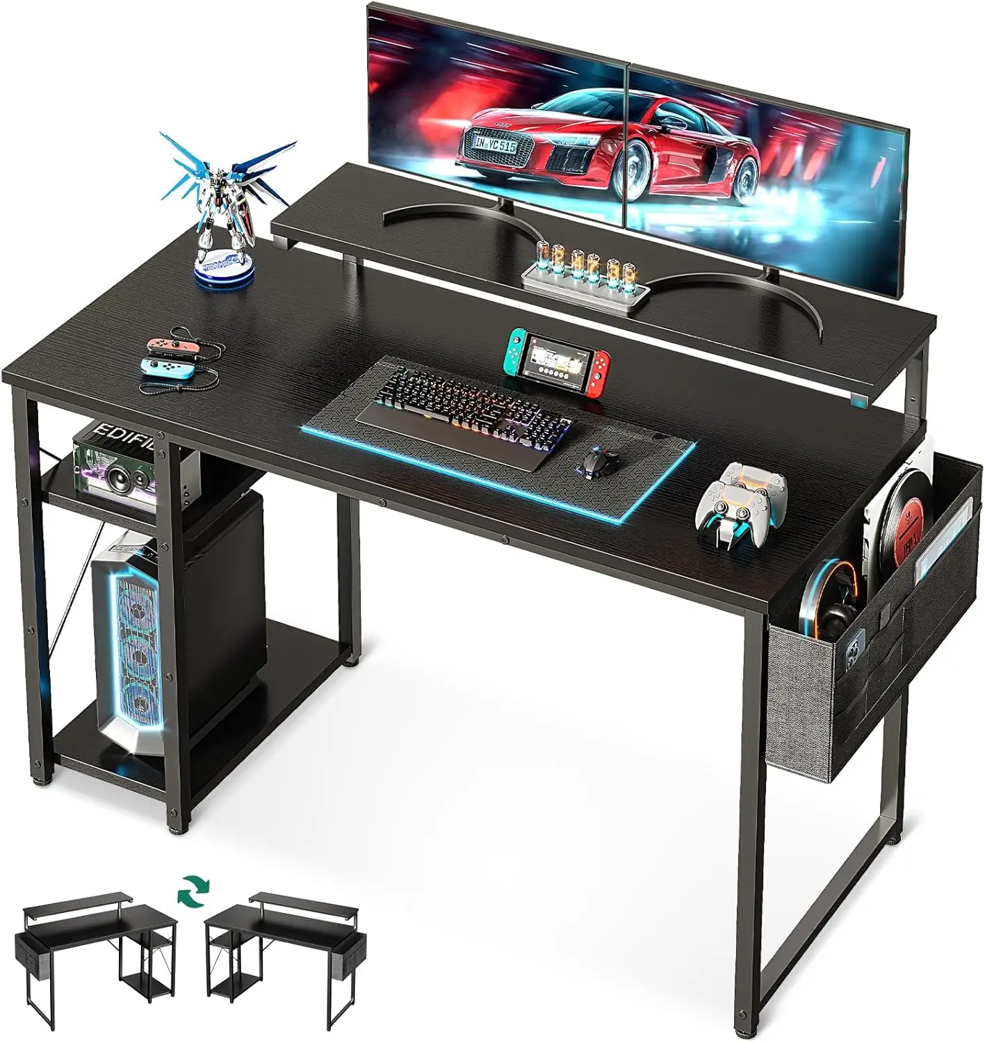 

48 H Small Computer Desk With Adjustable Monitor Stand, Home Office Desk & Workstation With Storage Shelves, Reversible Work