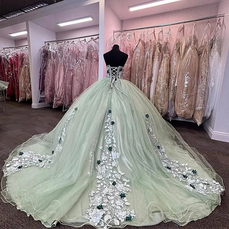 ANGELSBRIDEP Sage Green Ball Gown Quinceanera Dress 3D Flowers Crystals Corset Sweet 16 Dresses Birthday Vestidos De 15 Años