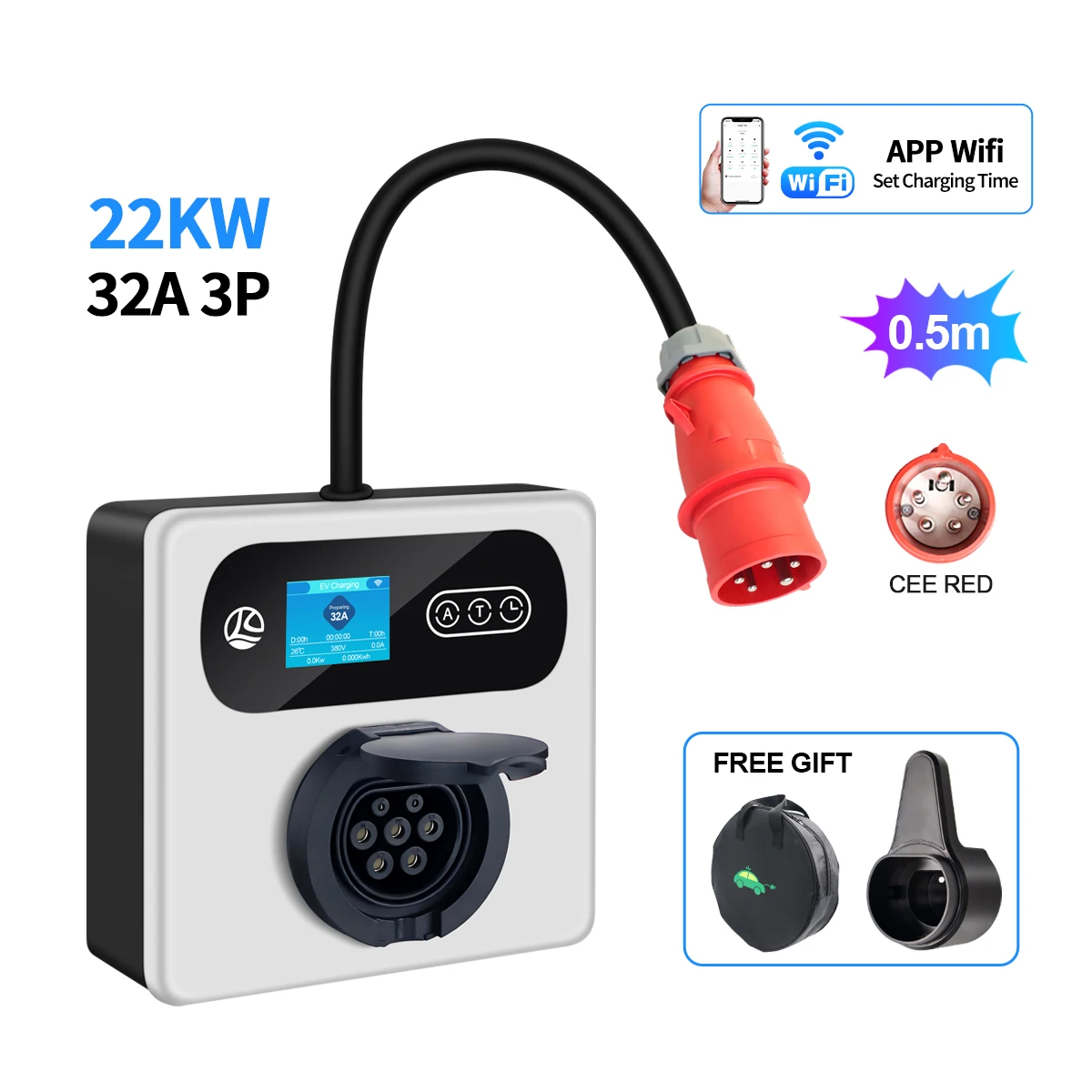 

Kolanky 16A 11kW EV Charger Wallbox 32A 22KW CEE to Type 2 Socket Timer Via Tuya APP Set Charging Time For Electric Vehicle