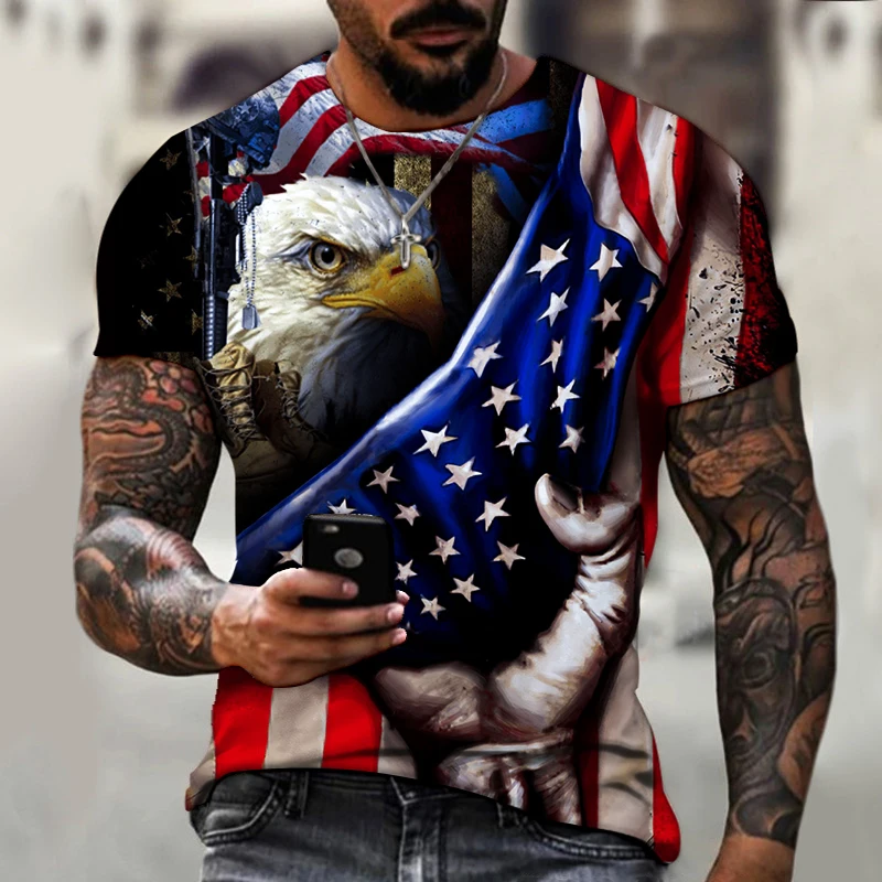 Men\'s Eagle Printed T-shirt 3D Printed Flag of the United States T-shirts Fashion Men\'s Casual Short Sleeve Round Neck Retro Top