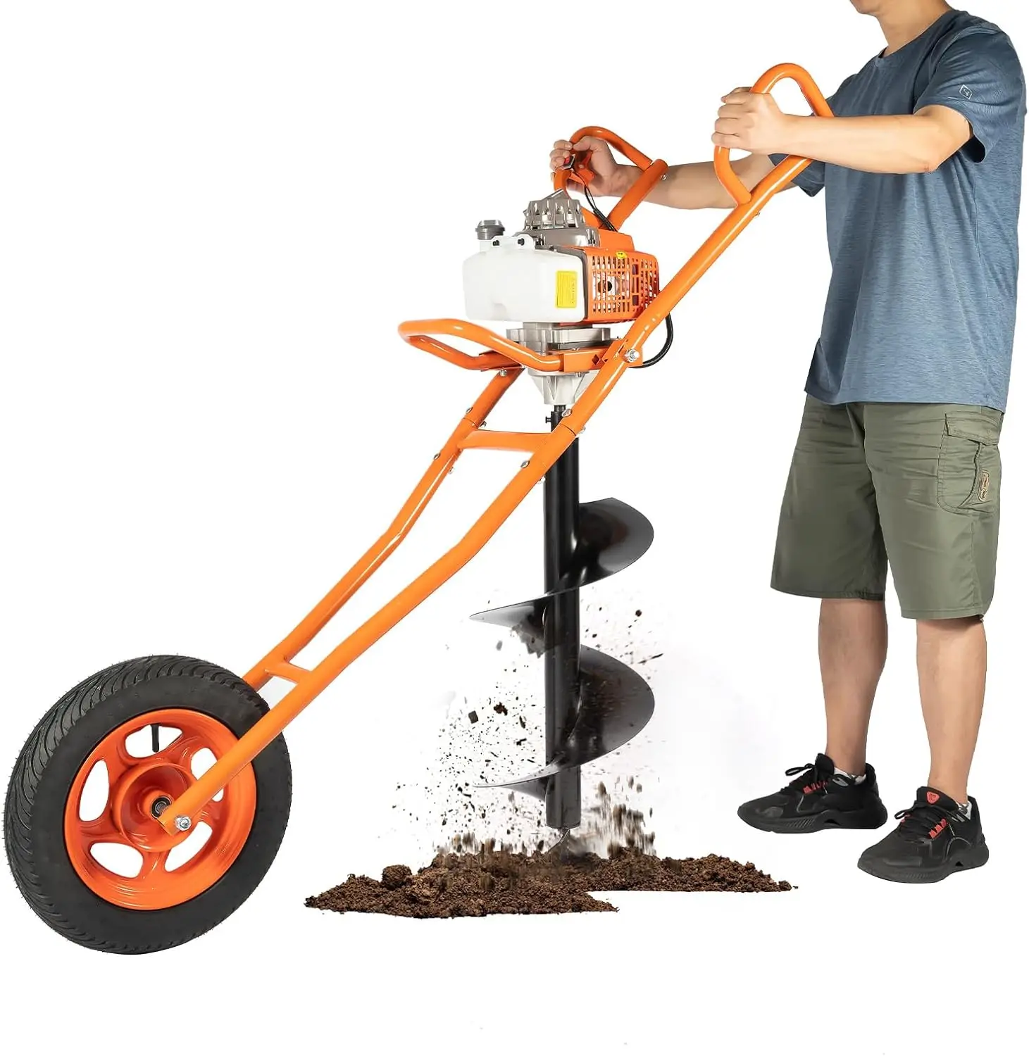 Post Hole Digger, 63Cc Gas Powered Earth Auger 2.2Kw 2-Stroke Gasoline Ground Drill Pit Digger With Wheelbarrow & Drill Bit,