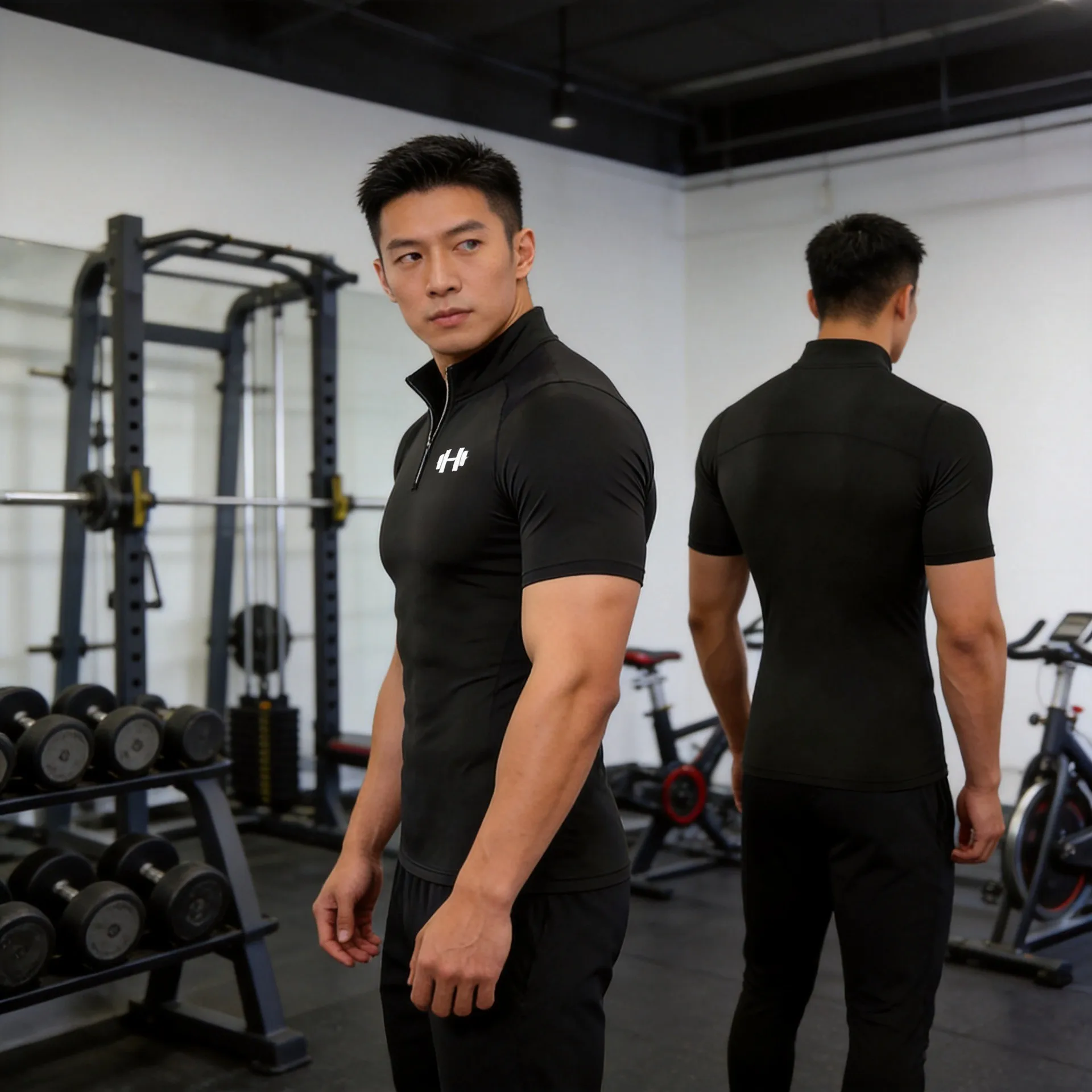 New Men's Long Sleeve Zip Collar Polo Shirts, Elastic Quick Dry Fitness Tops, Breathable Running & Training PT Uniforms