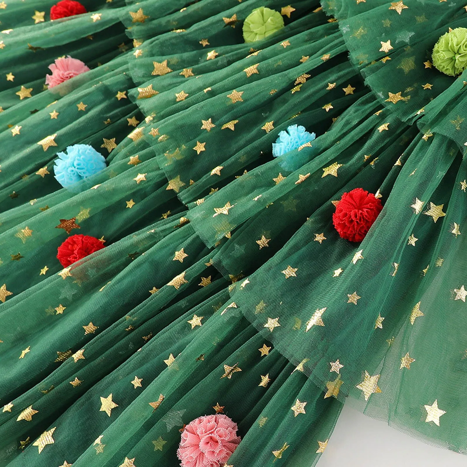 Christmas Costume Kids Girls Green Dress Sleeveless Stars Sequin Layered Tulle Dress Plush Ball Hat Baby Cake Xmas Tree Clothes