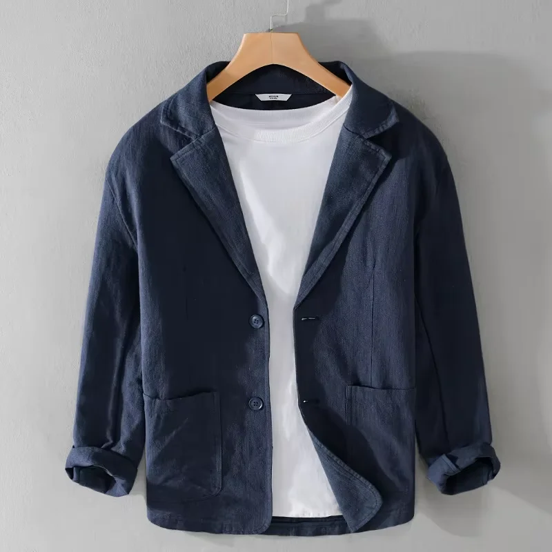Blazer en coton et lin pour homme, léger, respirant, sans doublure, fin, décontracté, veste de costu
