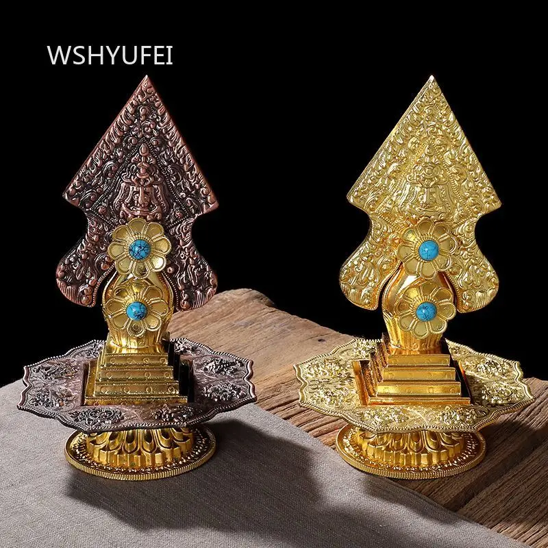 Image of Geprägte Blumen-Legierungstorma-Statue mit Türkisimitat-Einlage, mehrschichtiger Lotus-Sockel, religiöses Altar-Display-Ornament