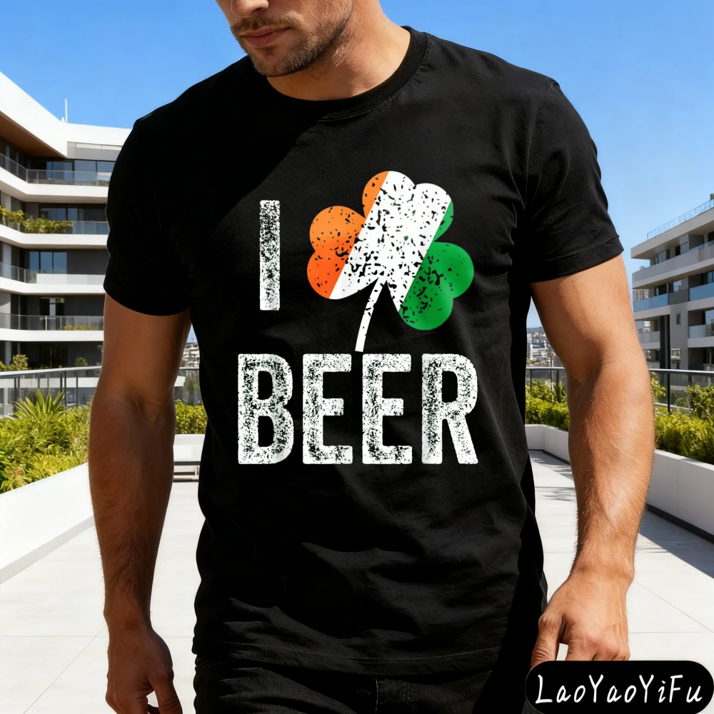 I Love Beer Shamrock Men T-Shirt Casual Style Summer Wear for St Patrick's Day Gift for Him Graphic T Shirts Men Clothing