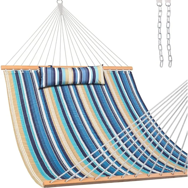 12FT Quilted Fabric Hammock with Pillow, Double 2 Person Hammock with Spreader   Outdoor Outside