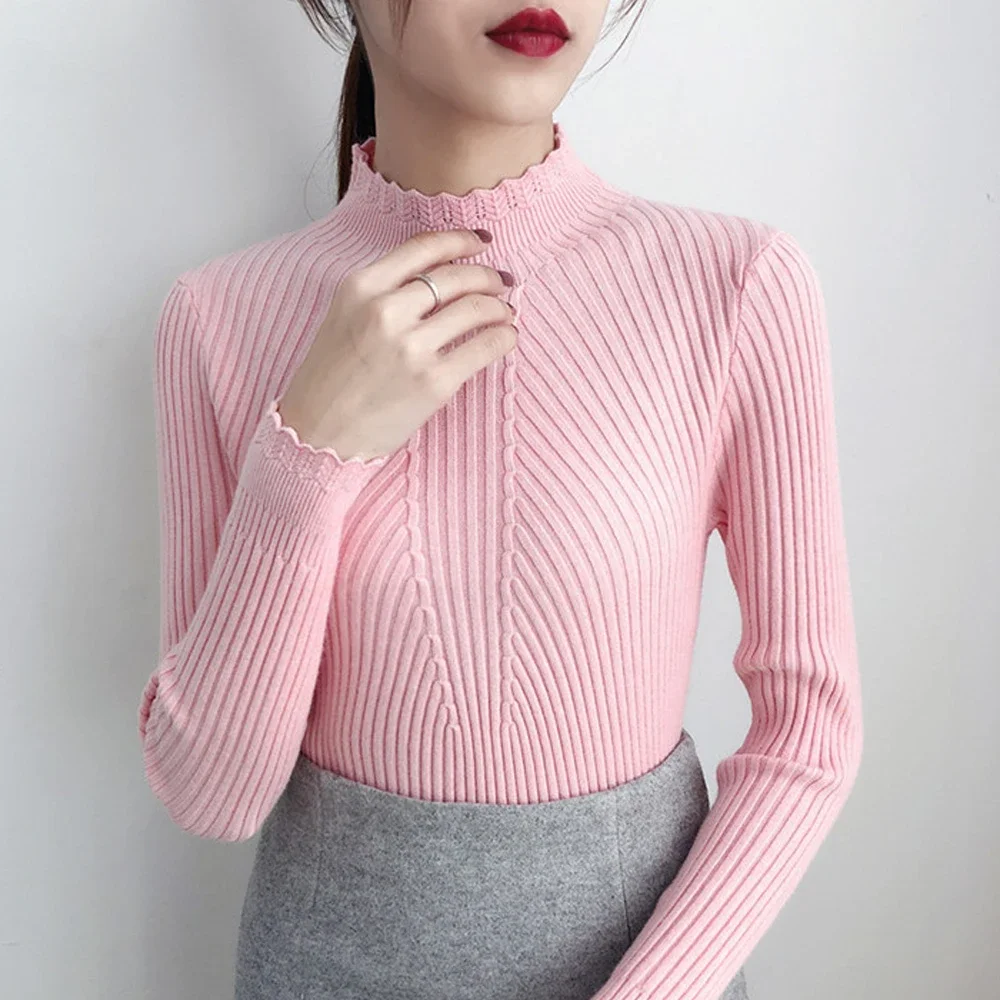 Women Half High Collar Ruffles T Shirt Pullover Black White Wine Full Sleeve Knitt Bottoming Solid Pullovers Stripe Girl Sweater