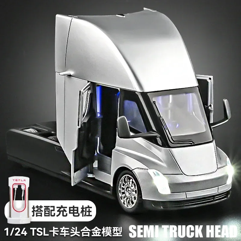 1:24 Tesla SEMI truck Head Alloy Model Car Toy Diecasts Metal Casting Sound and Light Car Toys For Children Vehicle C325