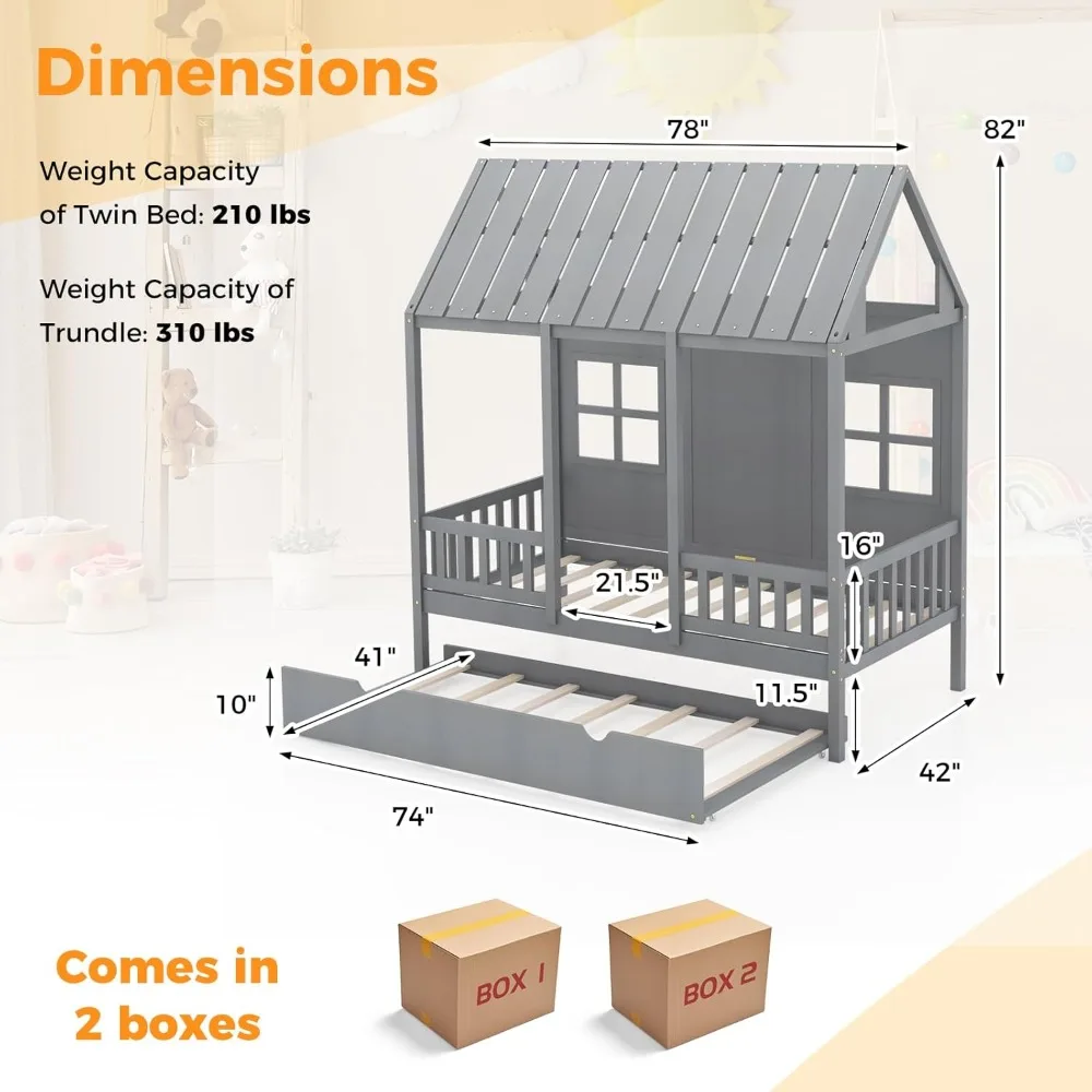 Twin Size House Bed with Trundle, Wood Kid’s House Bed Frame with Roof, Windows, Fence Rails, Playhouse Bed Frame