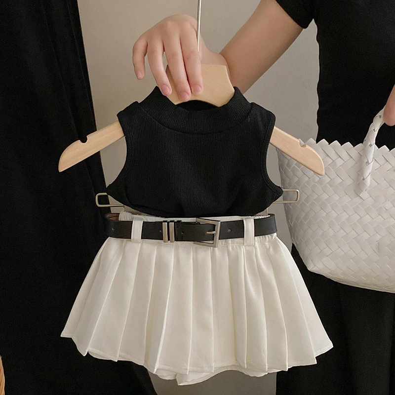 Kids Girls Summer Skirt Sets Solid Black Sleeveless Knitting Tank Tops+High Waist White Pleated A-Line Skirt 2pcs Children Suits