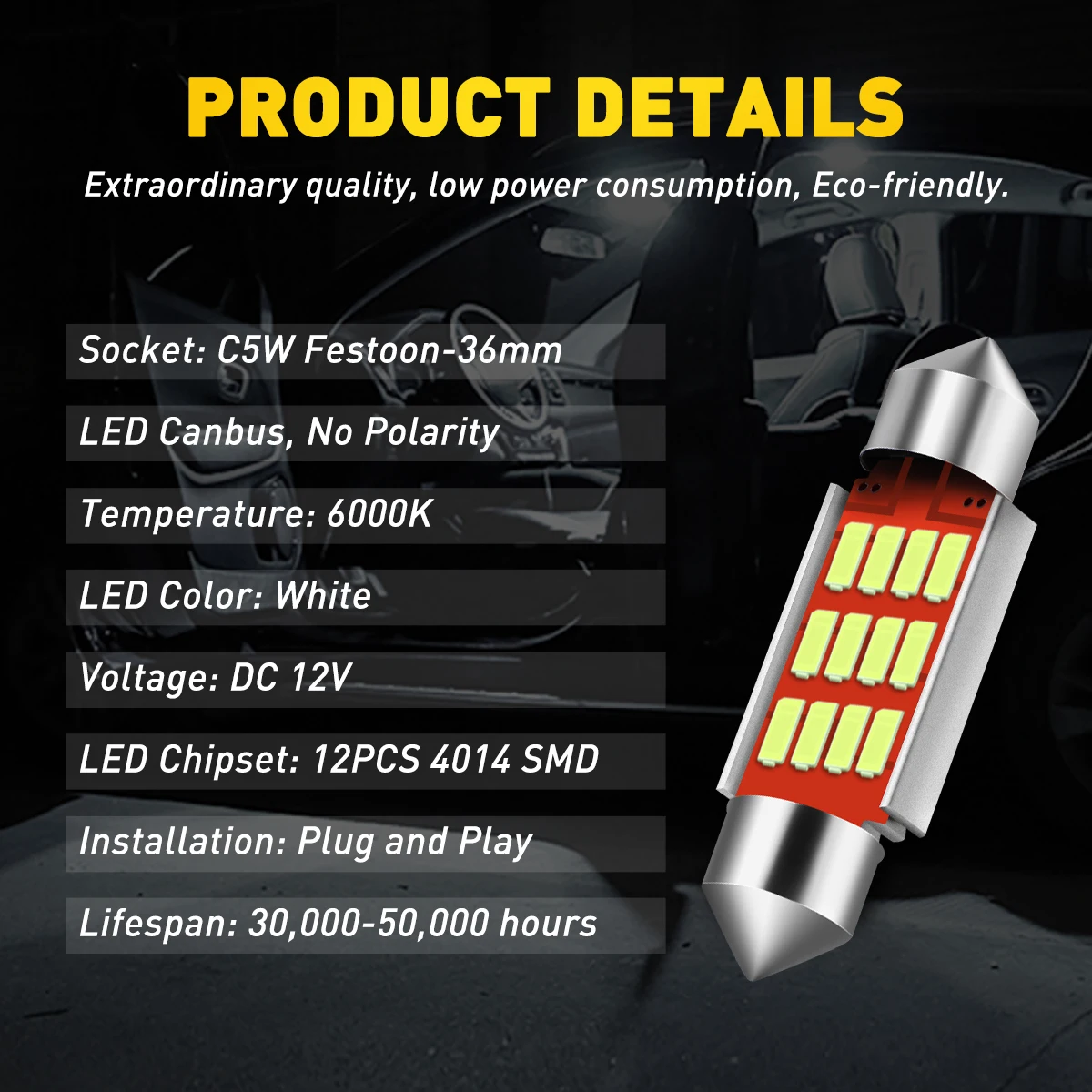 

20/10/2pcs C5W C10W LED Festoon 31mm 36mm Lights Canbus License Plate Lights Warm White 4014SMD 12V Interior Outdoor Car Bulb