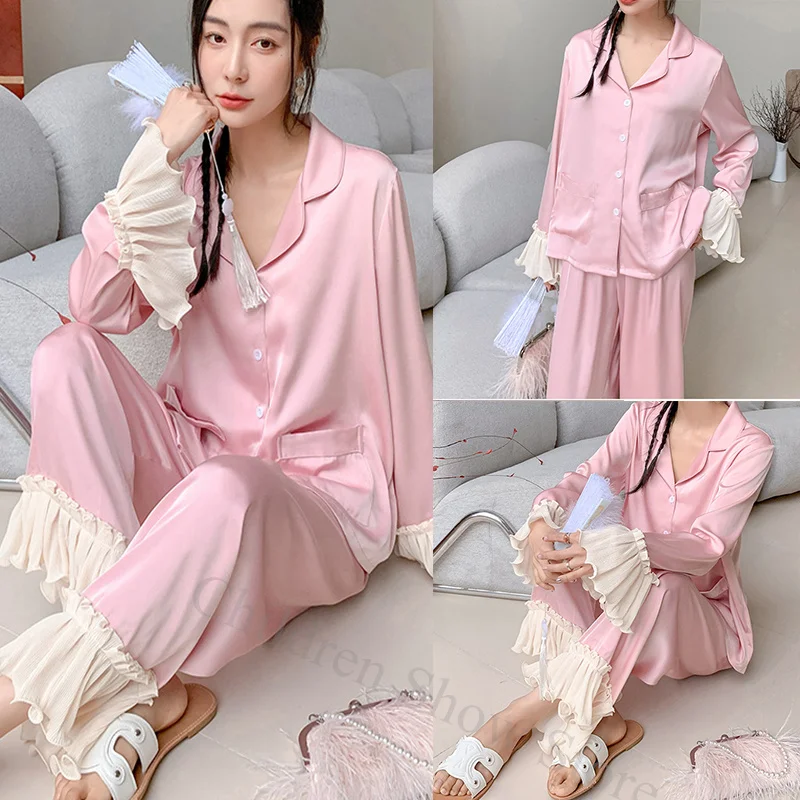 Elegant Home Clothing Rayon Sleepwear Pink Sleep Set Women Loungewear Sexy Lapel Shirt&pants Elegant Pyjamas Suit Nightwear