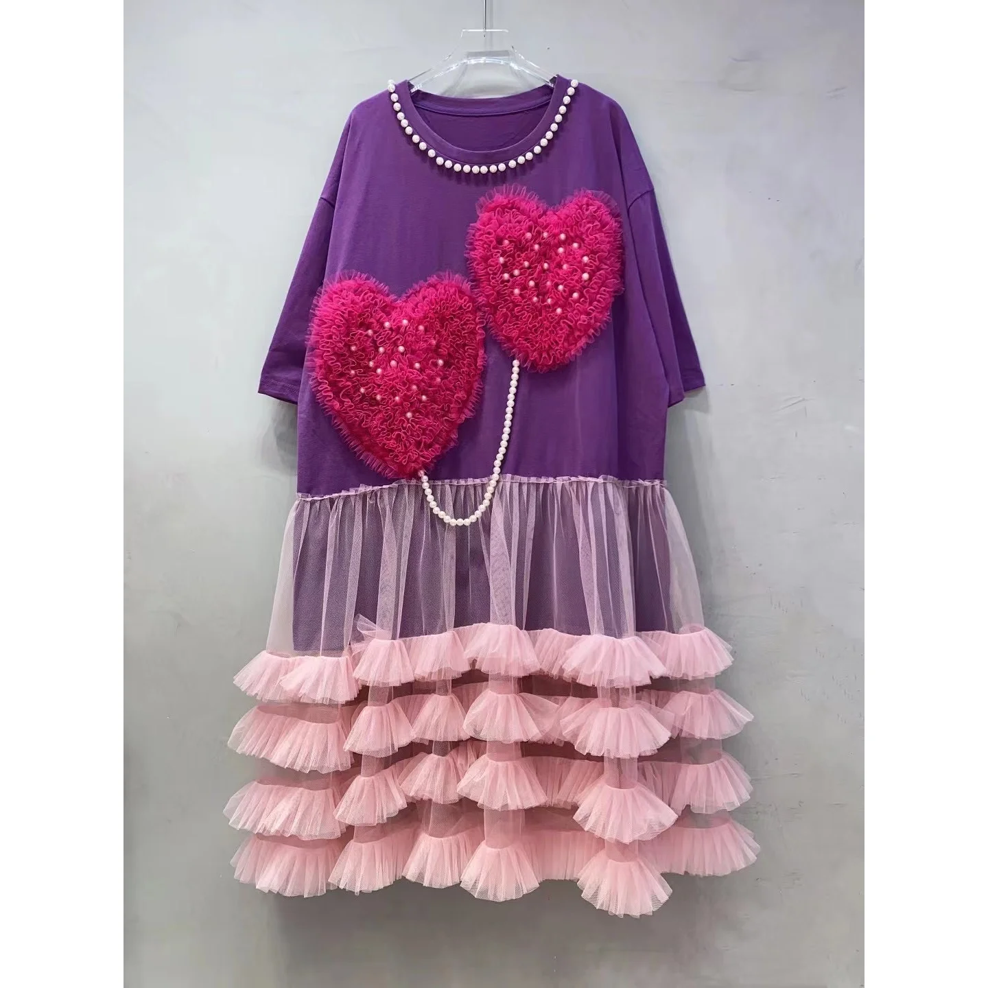 Chic Love Mesh emendado Ruffles T-shirt Vestido, Pérolas, Cadeia frisada, Borlas Gaze, Plissado Patchwork Tees, Jumpers Tops