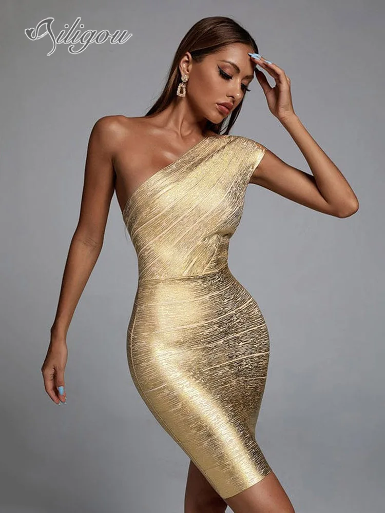 

Ailigou Women's Summer Sexy One Shoulder Sleeveless Mini Gold Backless Tight Bandage Dress 2023 Elegant Evening Club Party Dress