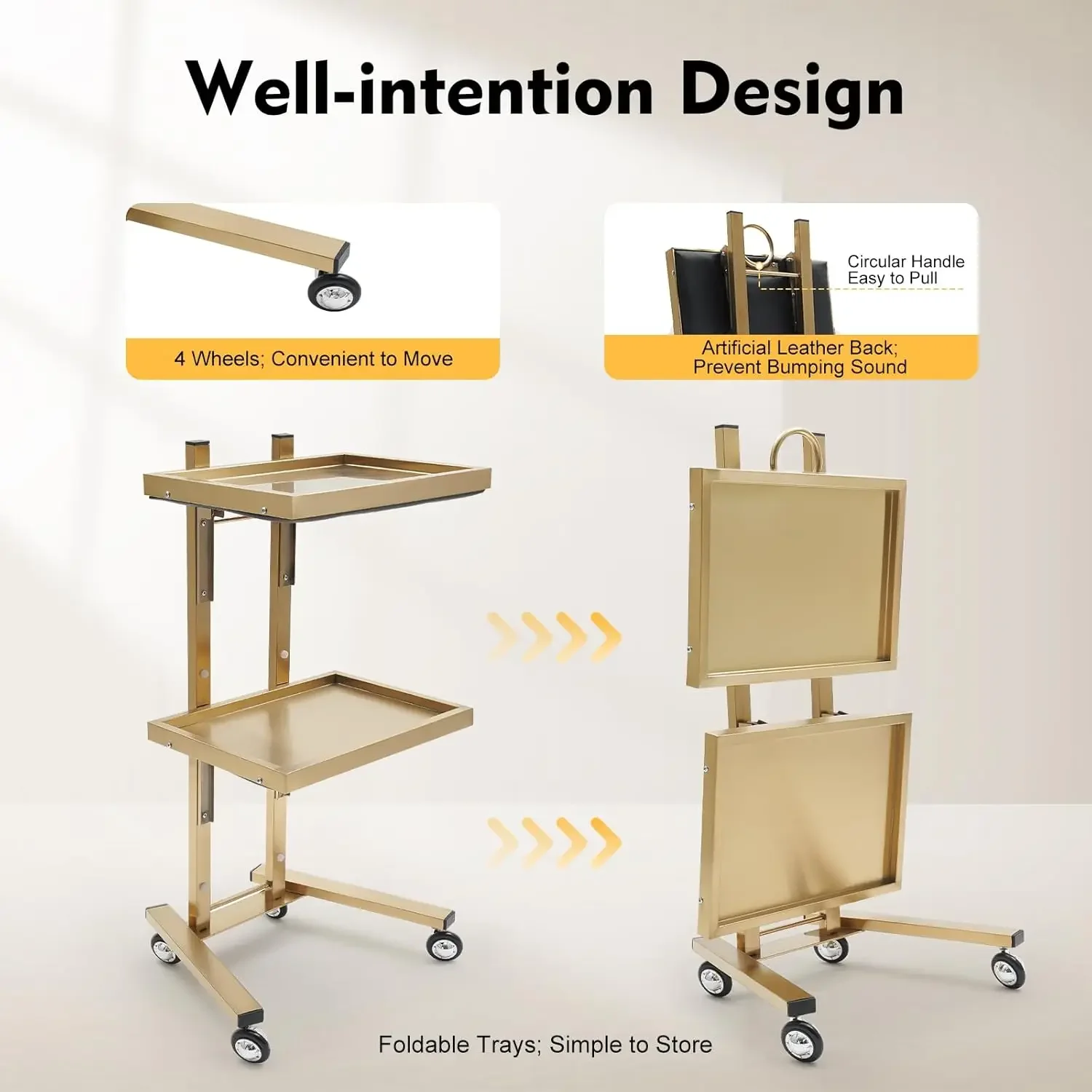 2 Tier Metal Rolling Cart, Salon Tray on Wheels, Folding Salon Tray Trolley, Esthetician Cart for Salon Studios Shop