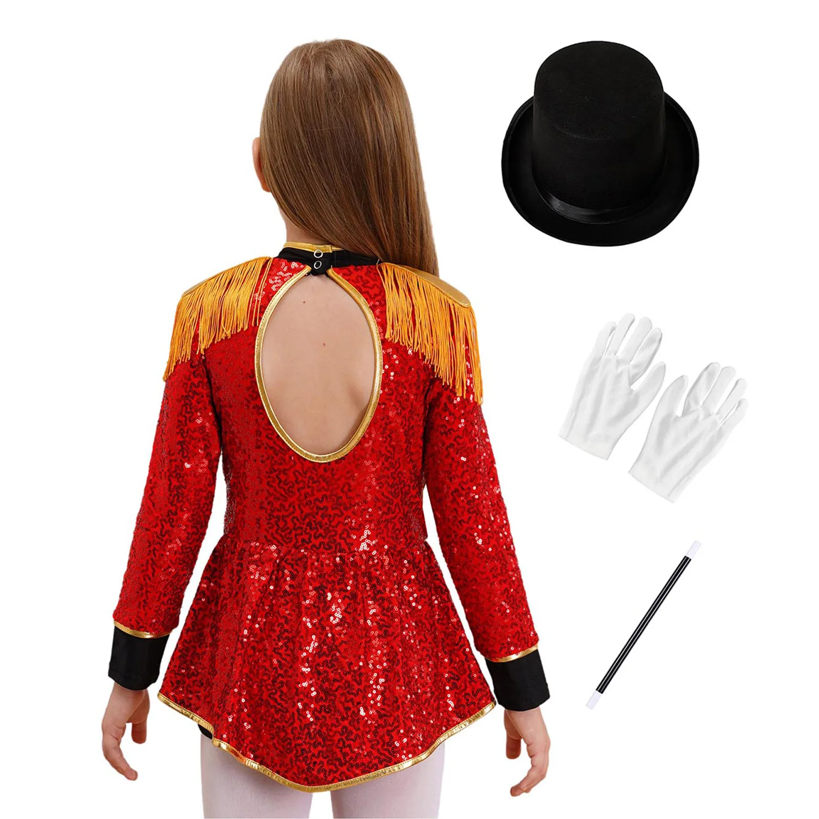 4Pcs Circus Ringmaster Costume for Girls Magician Shows Sequins Bodysuit with Magic Wand Hat Gloves Drum Major Majorette Outfits