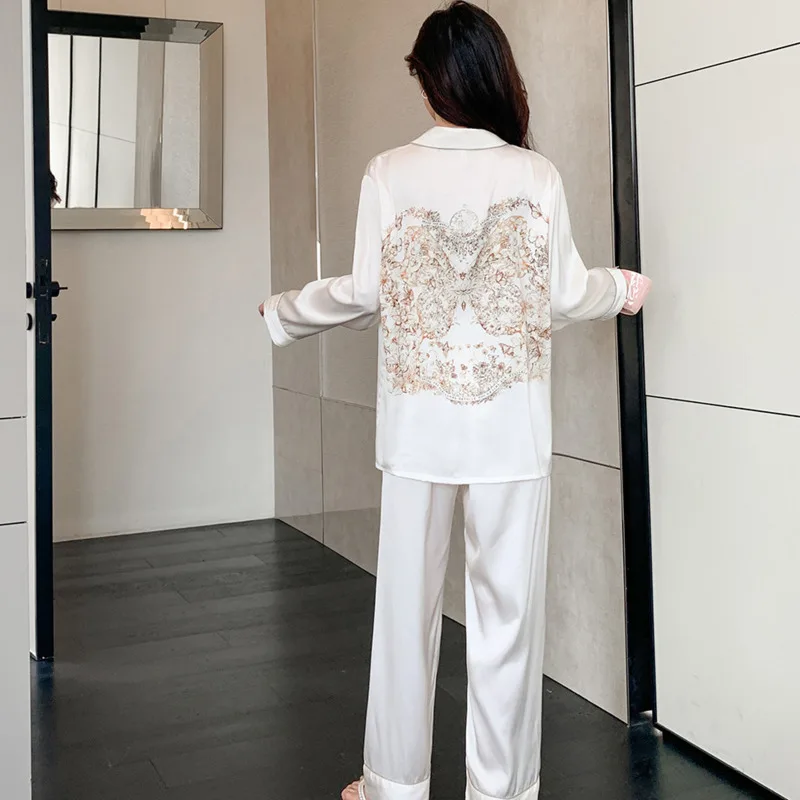 2024 Spring Summer New Pajamas Women\'s Solid Color High-Grade Ice Silk Long-Sleeved Trousers suit Outwear Home Clothes